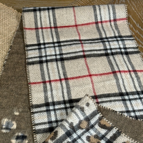 Cashmink Plaid and Cheetah Print Scarf in cream, brown, grey and red - Picture 7 of 9